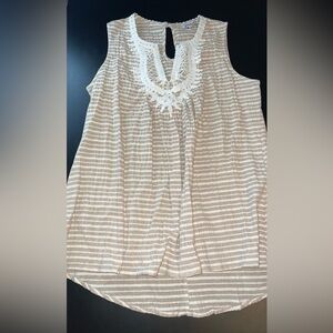 White Birch Lace Detailed Striped Linen Blend Sleeveless Top Size Medium EUC